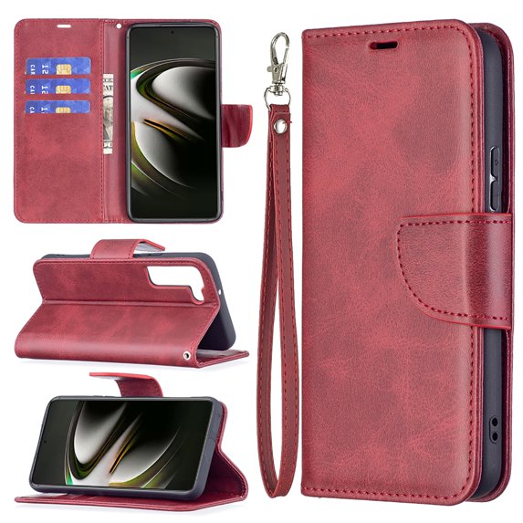 Feishell Fit for Samsung Galaxy S23 6.1 inch Phone Case with Wrist Strap & ID Credit Card Slots,Premium PU Leather Shockproof Magnetic Clasp Folio Flip Holder Protective Cover,Red