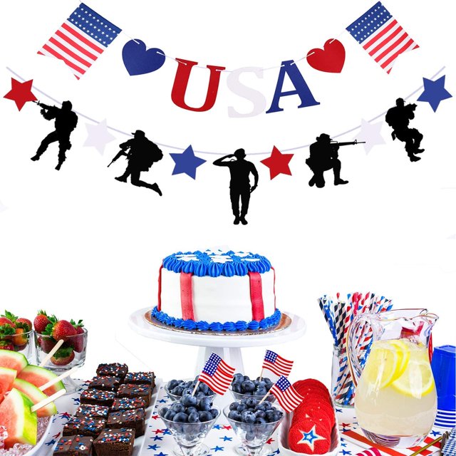 Pancartas de decoración de soldados patrióticos, decoraciones de fiesta del día conmemorativo del 4 de julio, suministros de decoración de fiesta de camuflaje militar del ejército (negro y EE. UU., 2 juegos) Zhivalor HMHZ965-1