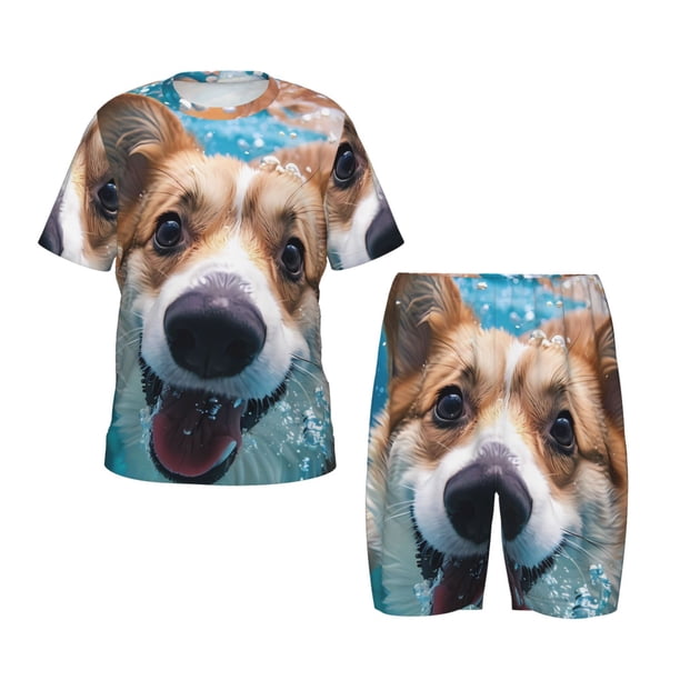 Balery Sea Swimming Corgi Conjunto de Pijama Infantil de Manga Corta con Estampado – Ropa de Dormir de Algodón Suave-Medium