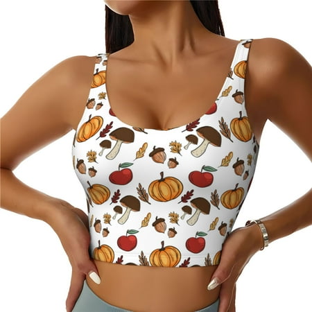 Qokaie Maple leaf nut Mushroom Pattern Womens Scoop Neck Sports Bra Breathable Workout Vest Padded U Back Medium Impact Fitness Gym Yoga Bra Workout Crop Top-Large