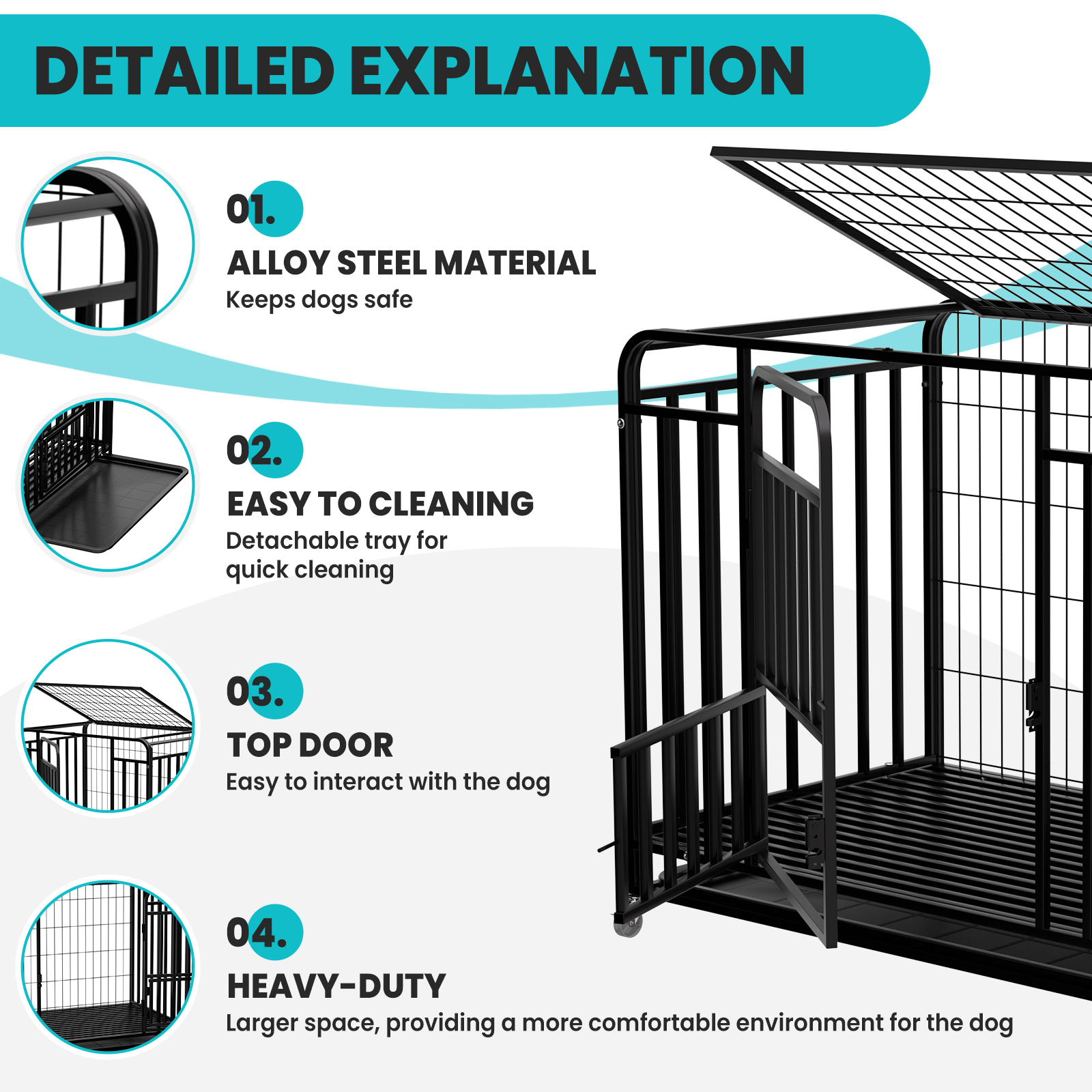 43.5 Inch Heavy Duty Dog Crate Kennel with Wheels, 200lbs Capacity, Escape Proof Dog Cage,Dog Crates with Removable Plastic Tray