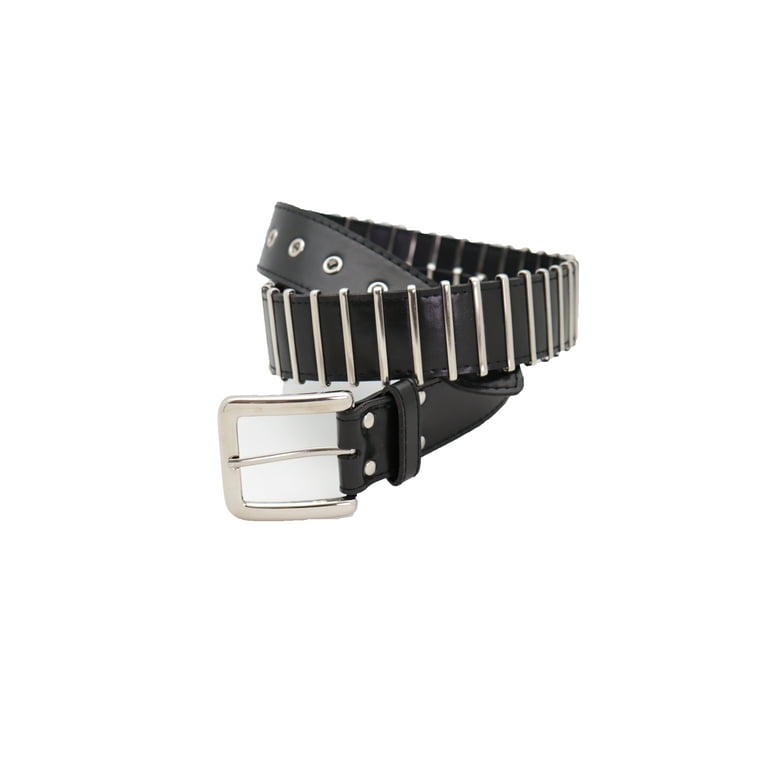 Women Black Faux Leather Biker Fashion Hip Belt Silver Metal