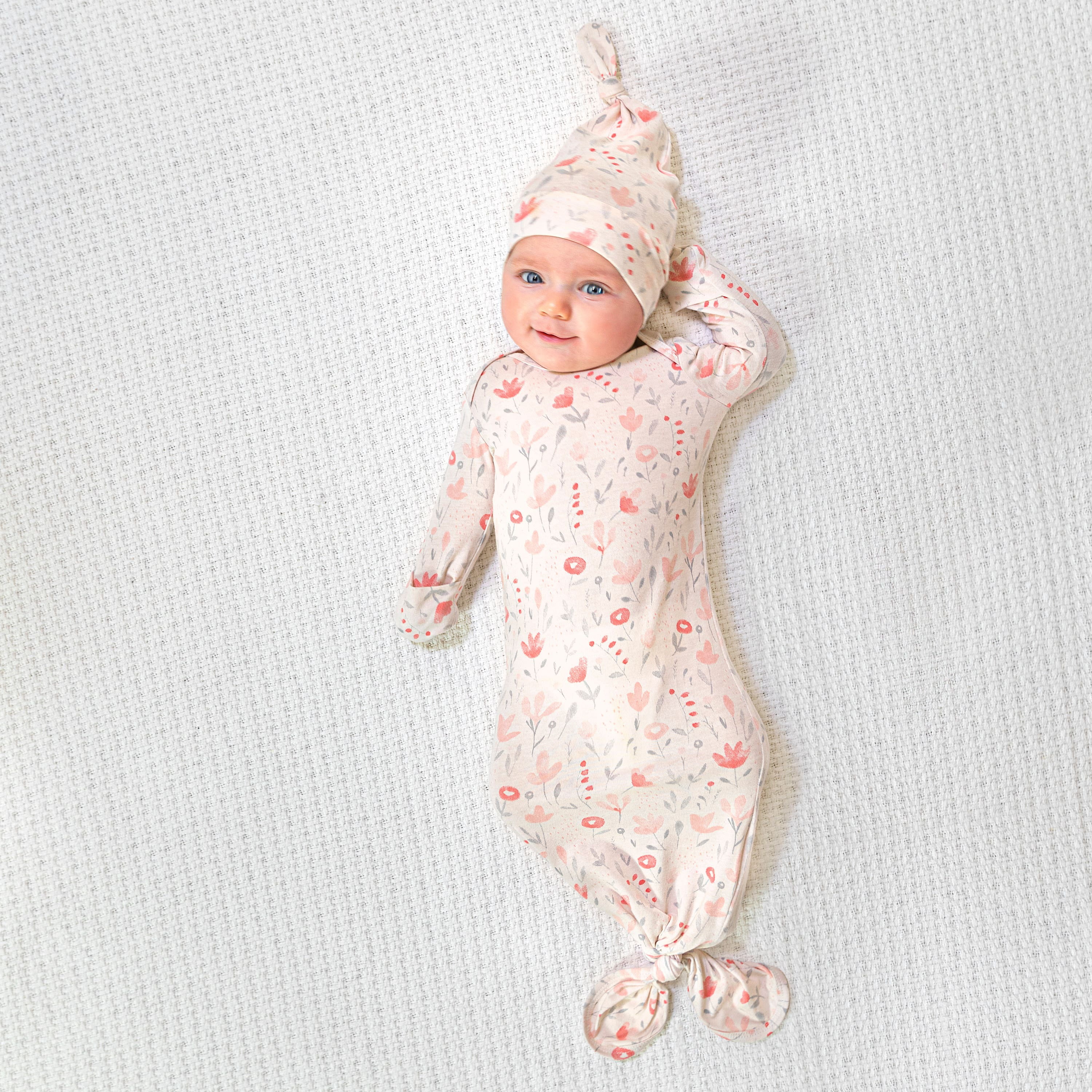 aden + anais Comfort Knit Knotted Newborn Baby Gown and Hat, 2 Piece Set, 0-3 Months Perennial