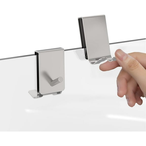 2 Pack Over Shower Door Towel Hook, Double Side Bathroom Towel Hooks with Non-Slip Sponge Pad, Shower Hook for Frameless Glass Doors, Silver