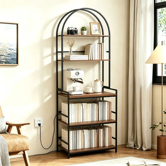 5-Tier Arch Bookshelf with Charging Station, Home Office Bookcase with Open Display Shelves and Book Dividers, Walnut