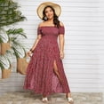 thumbnail image 2 of Robes Rouges pour Femmes Grande Taille Épaules Dénudées Froncée Corsage Fendue Robe Florale, 2 of 6