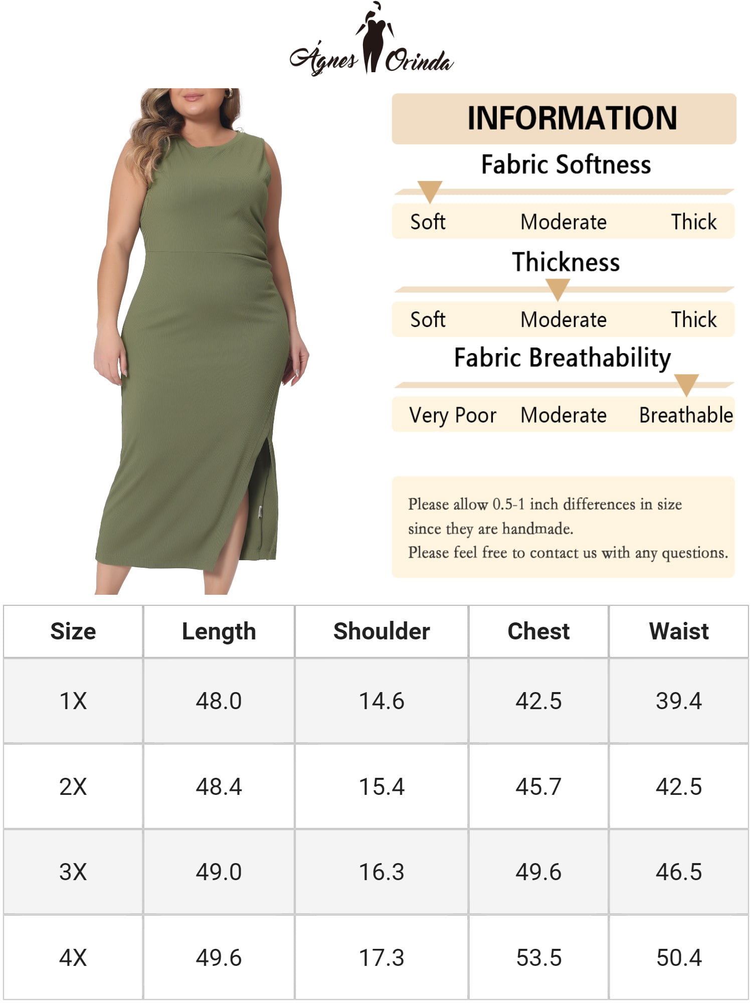 Unique Bargains Women's Plus Size Elegant Knit Slit Tank Midi Ruched Bodycon Dresses 2X Army Green