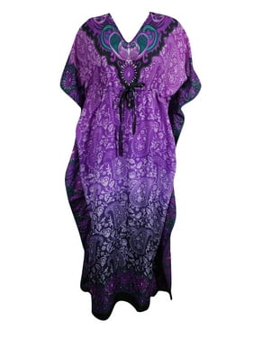 Mogul Women Purple Long Kaftan Dress Floral Print Tunic Long Maxi Kimono Caftan Gown Nightdress, Boho Beach Bikini Cover Up Maternity Plus Size
