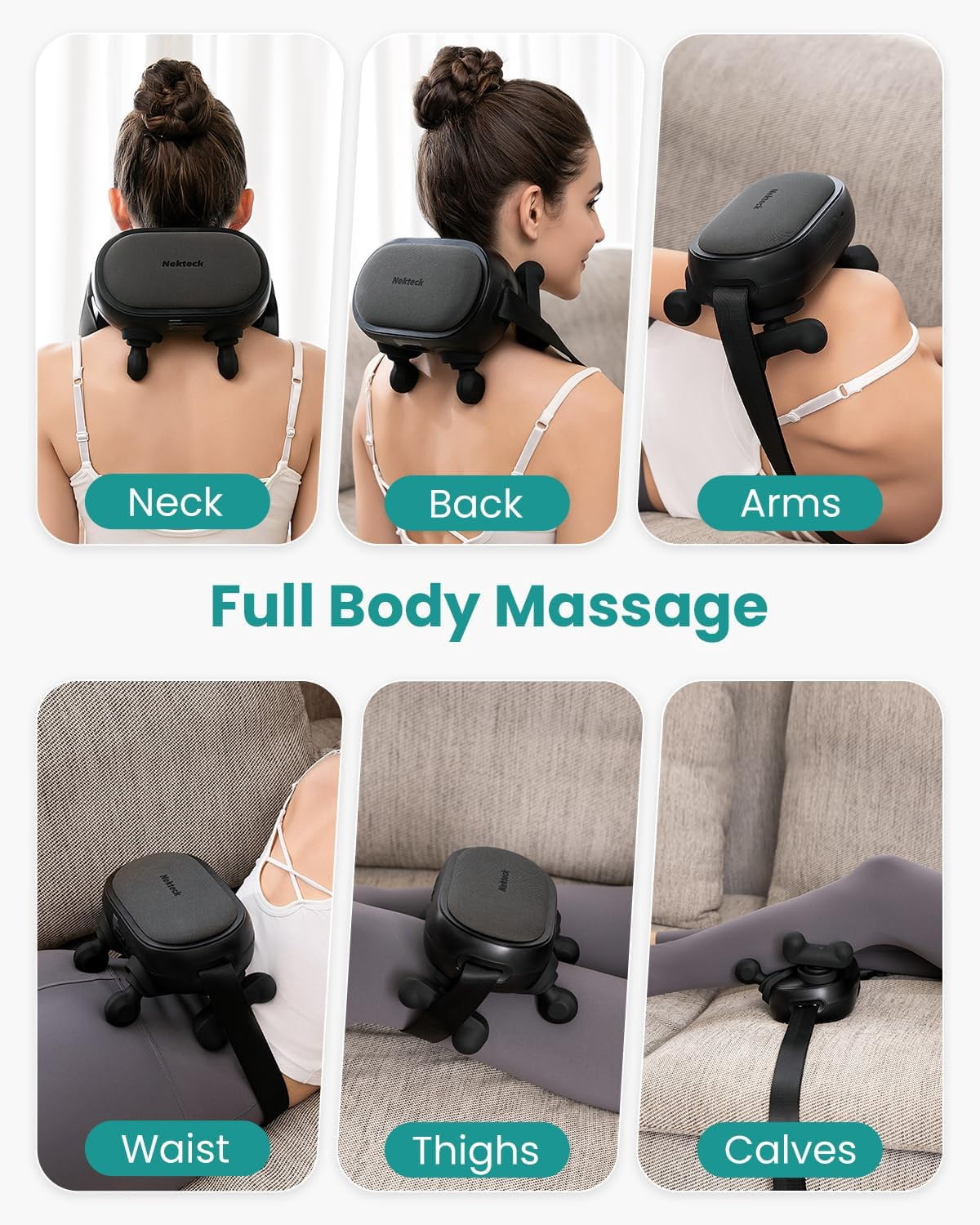 Nekteck Cordless Shiatsu Neck and Back Massager with Heat, 6D Deep Kneading Shoulder Massager, Rechargeable Massage Pillow with 3 Modes, 2 Intensity Levels, 10-Min Auto Shutoff, Gift for Men Women