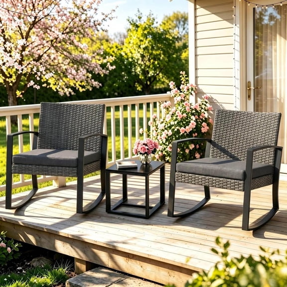Patio Furniture Set for 2,  Lofka Outdoor Garden Bistro Set with Rocking Chairs, Glass Coffee Table & Removable Cushion for Backyard Balcony Lawn Pool, Black