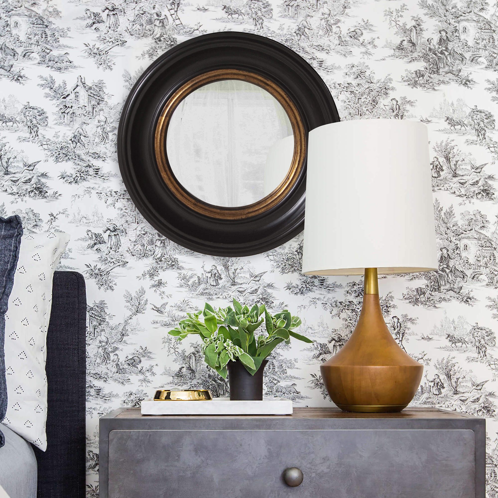 Tyler Dillon Round Black Wood Framed Convex Albert Wall Mirror