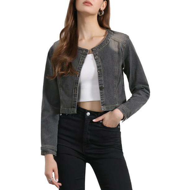 Chaquetas de mezclilla para mujer INSPIRE CHIC sin cuello, de manga larga, con botones, cortas, en color gris