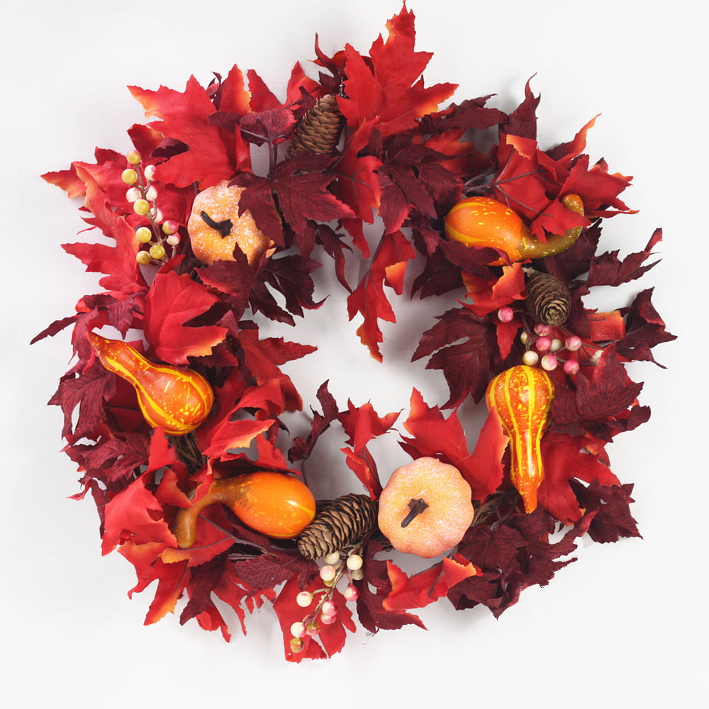 Household Halloween Door Artificial Fall Wreath with Pumpkins Maple Leaf Berries 