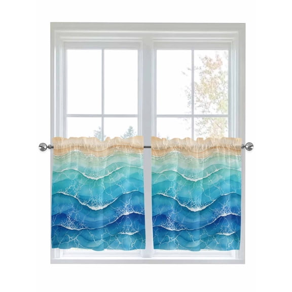 Teal Blue Ombre 2 Panel Kitchen Curtains for Small Windows, Summer Beach Abstract Ocean Wave Bathroom Tier Curtain, Short Window Treatment for Bedroom/Living Room 55"x36"