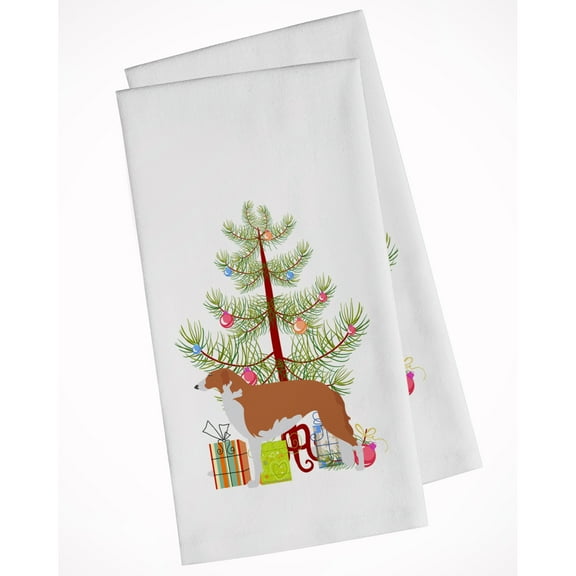 Borzoi Russian Greyhound Merry Christmas Tree White Kitchen Towel Set of 2 Dish Towels