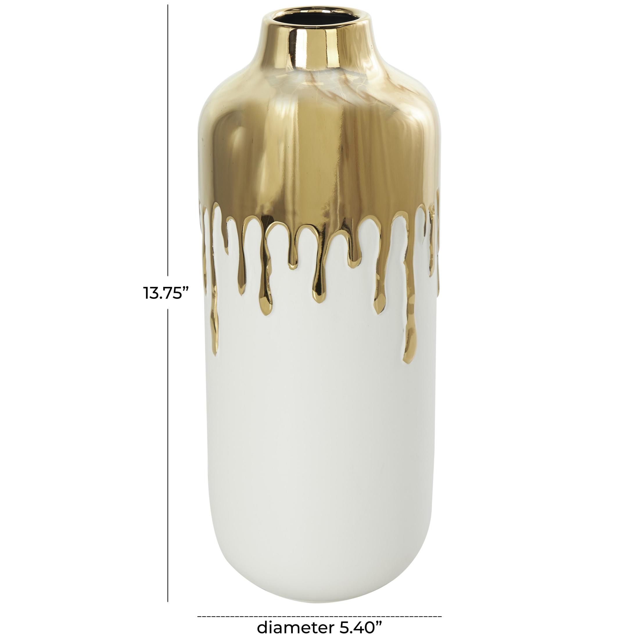 CosmoLiving by Cosmopolitan 14" Abstract White Ceramic Vase with Abstract Gold Melting Drips