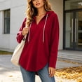 thumbnail image 5 of Hoodies for Women Zaewscy Women's V-neck Hooded Sweatshirt Long Sleeved Drawstring Hooded Pullover Casual Loose Fall And Winter Curved Hem Sweatshirt Red L, 5 of 9