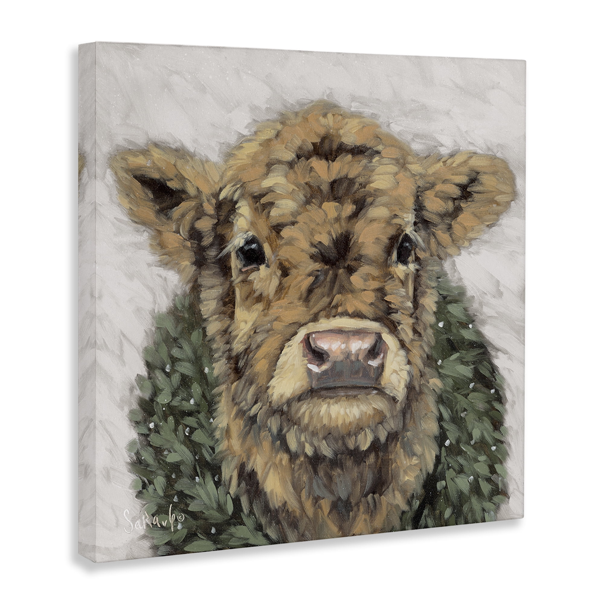 Stupell Industries Calf with Holiday Wreath Holiday Painting Gallery Wrapped Canvas Art Prints Wall Art, 24 x 24