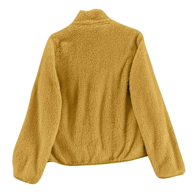 Mustard Yellow Women Thermal Fuzzy Hooded Plain Jackets Outfits