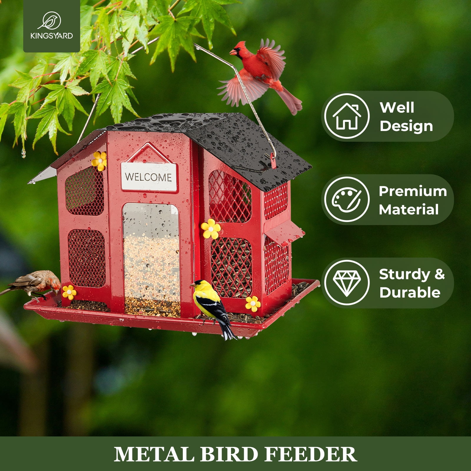Kingsyard Metal Bird Feeder House for Outdoors Hanging, Triple Feeders for Finch Cardinal, Red