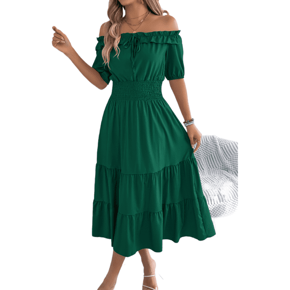 EASYBRA Women Off Shoulder Pleated Waist A Line Maxi Dress Short Sleeve Summer Casual Elegant Dress