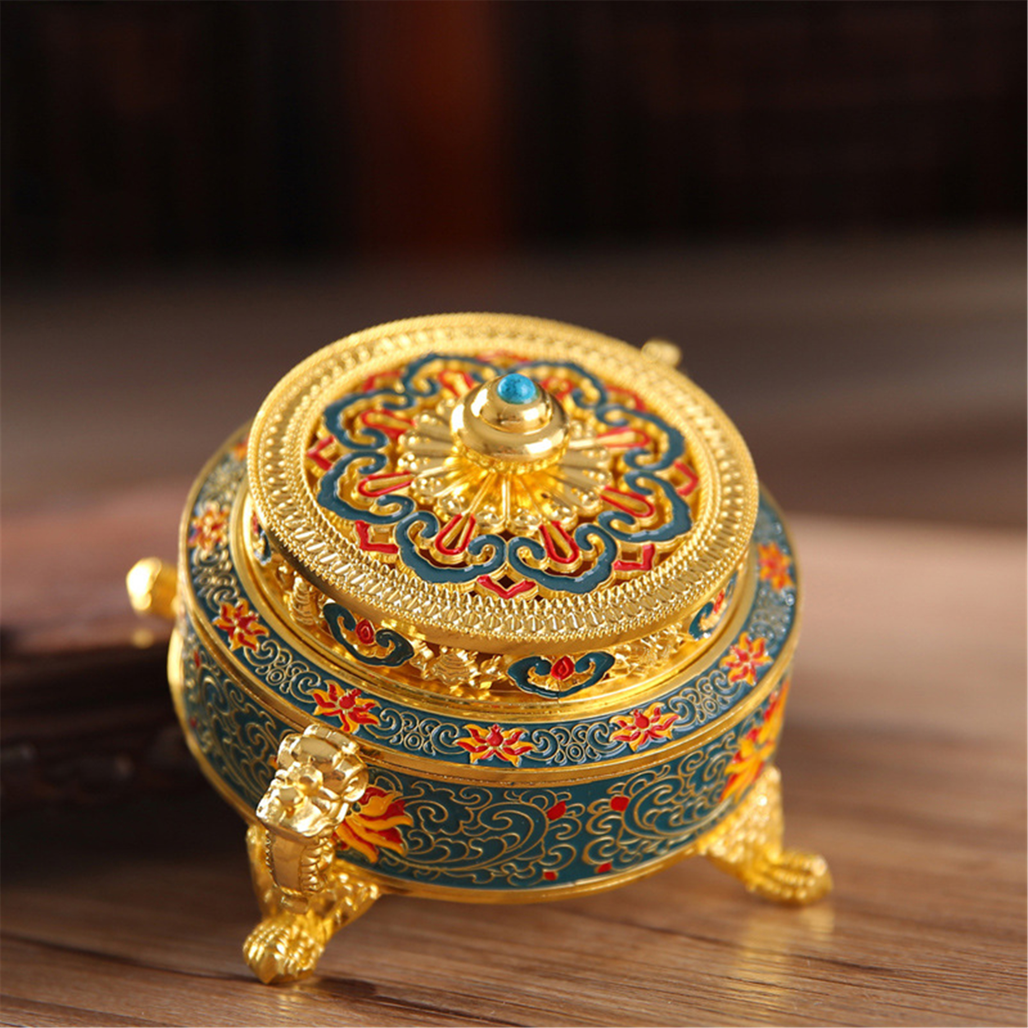 Vintage Incense Burner Holder, Gold & Blue
