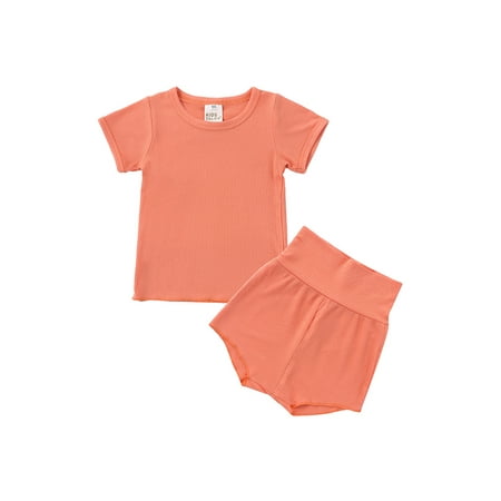 

Toddler Baby Girls Boys Shorts Set Solid T-Shirt High Waist Pants Ribbed Outfit
