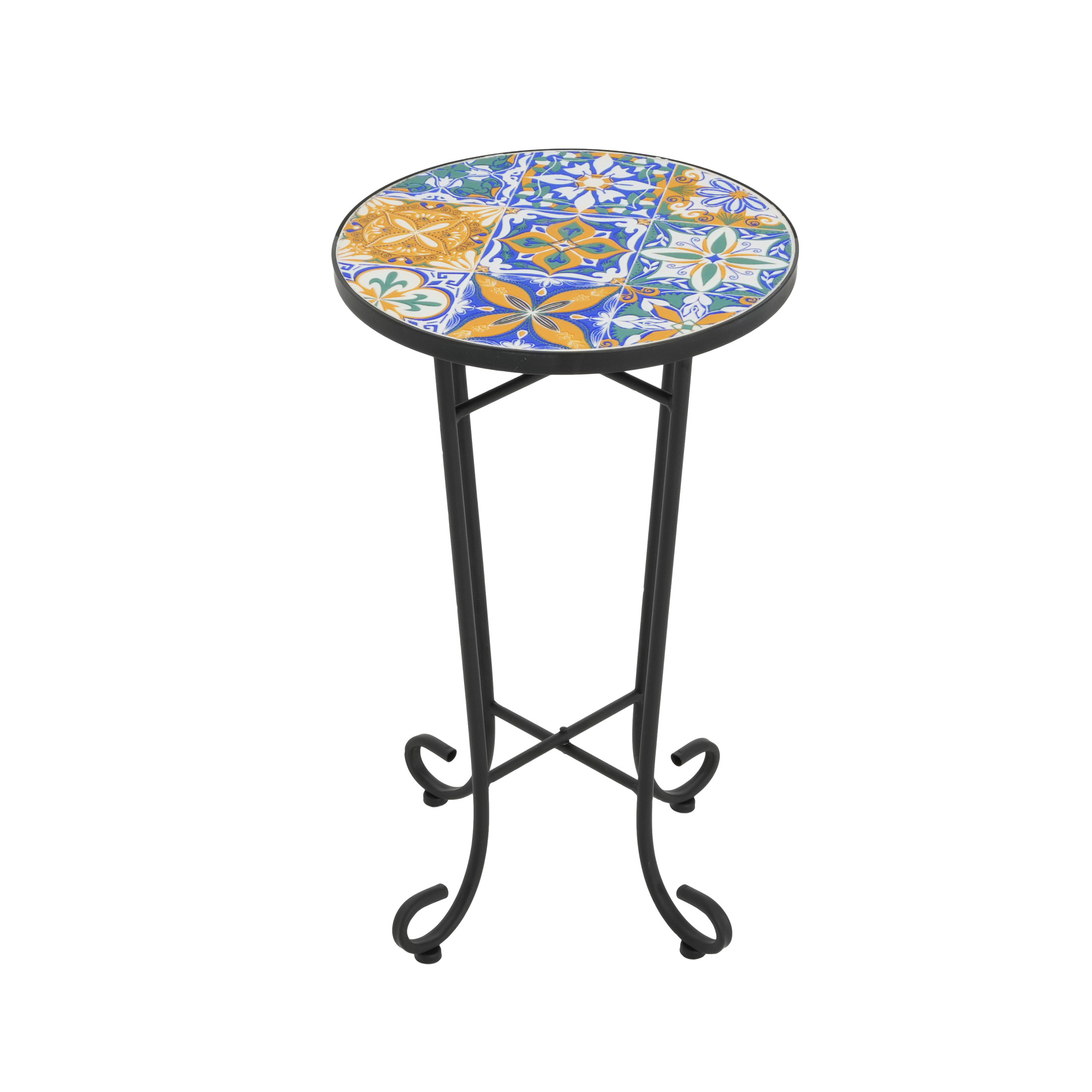 Elevate Outdoor Patio Round Side Table, Ceramic Tile, Iron, Black + Colorful