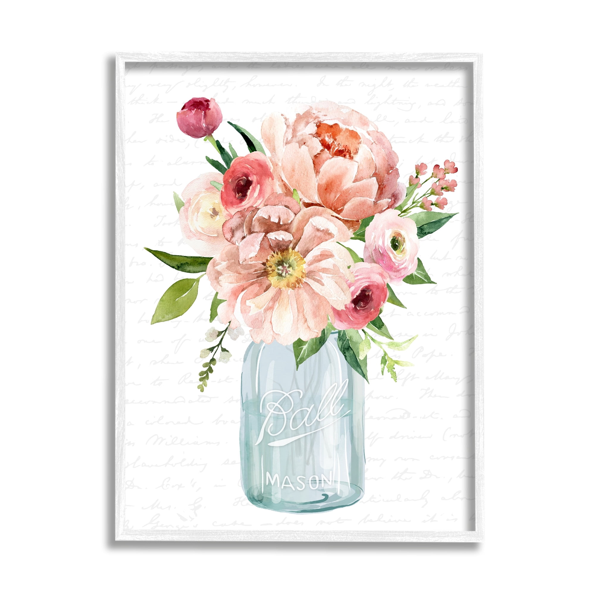 Stupell Industries Pink Peony Flowers Jar Arrangement Script Pattern Graphic Art White Framed Art Print Wall Art, Design by Lettered and Lined