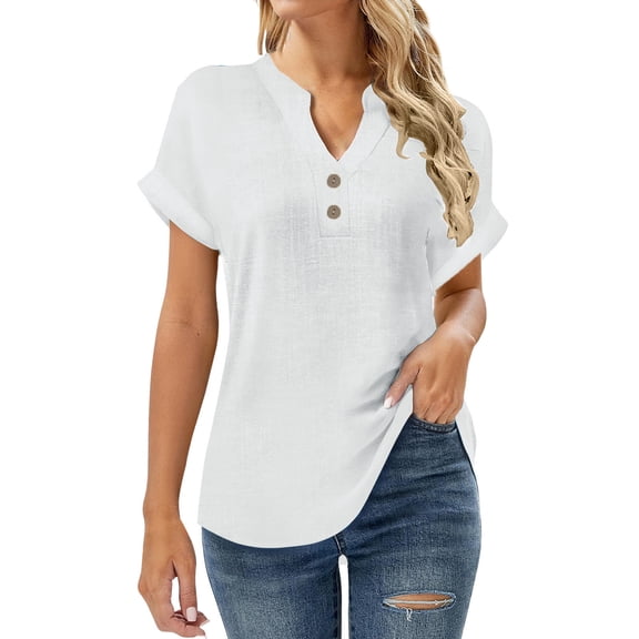 Linen Shirts For Women Sevevn Women's Short Sleeve V Neck Button Front Casual Blouse Top White S