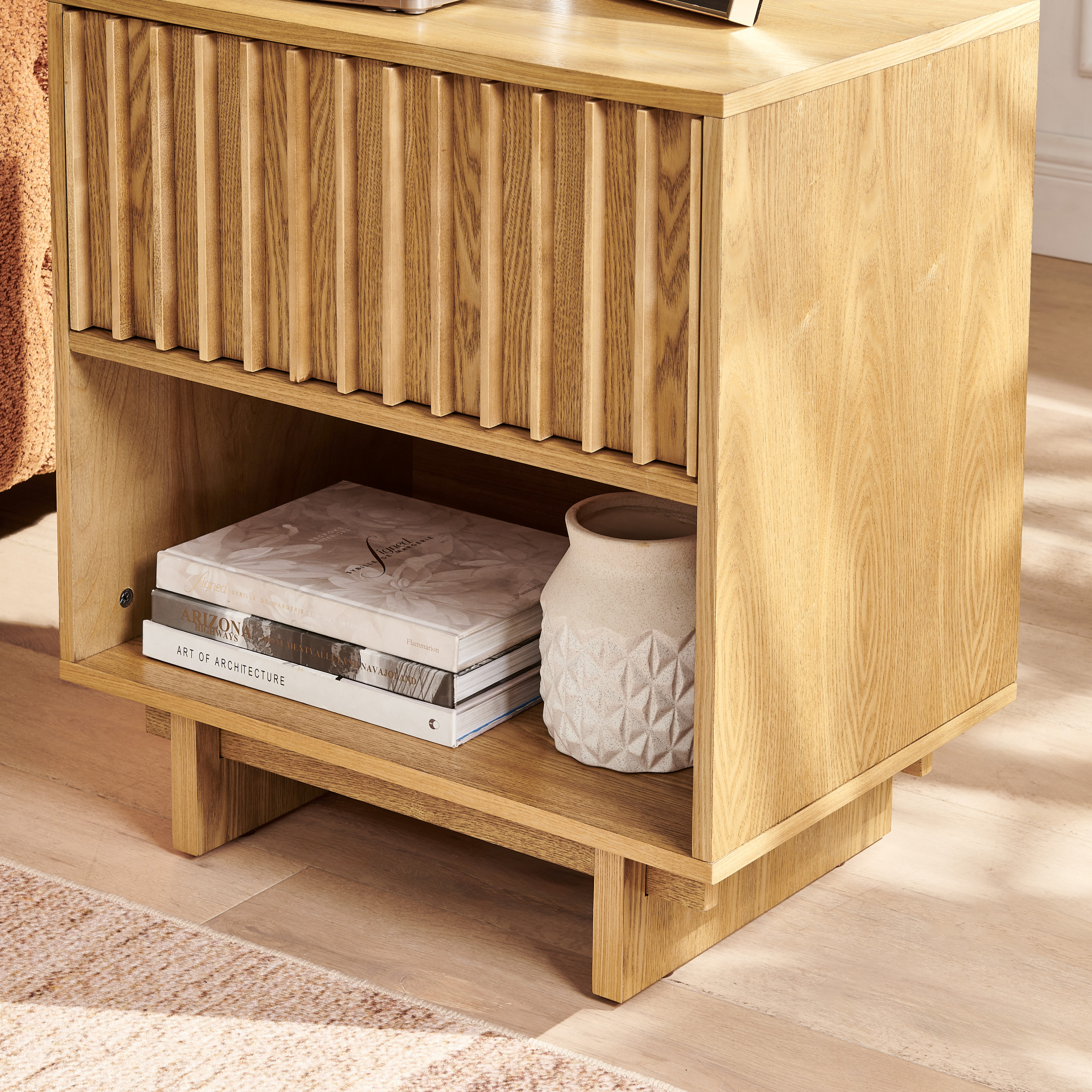 GDF Studio 23.4" Grille Slat Nightstand with Charging Station, Drawer & Open Shelf, Natural