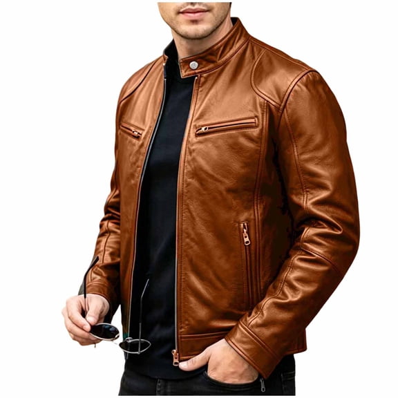 PBFRDSJ Men's Stand Collar Faux Leather Jacket Classic Biker Style Motorcycle Coat Casual Lightweight Zip Up Slim Punk Biker Outwear