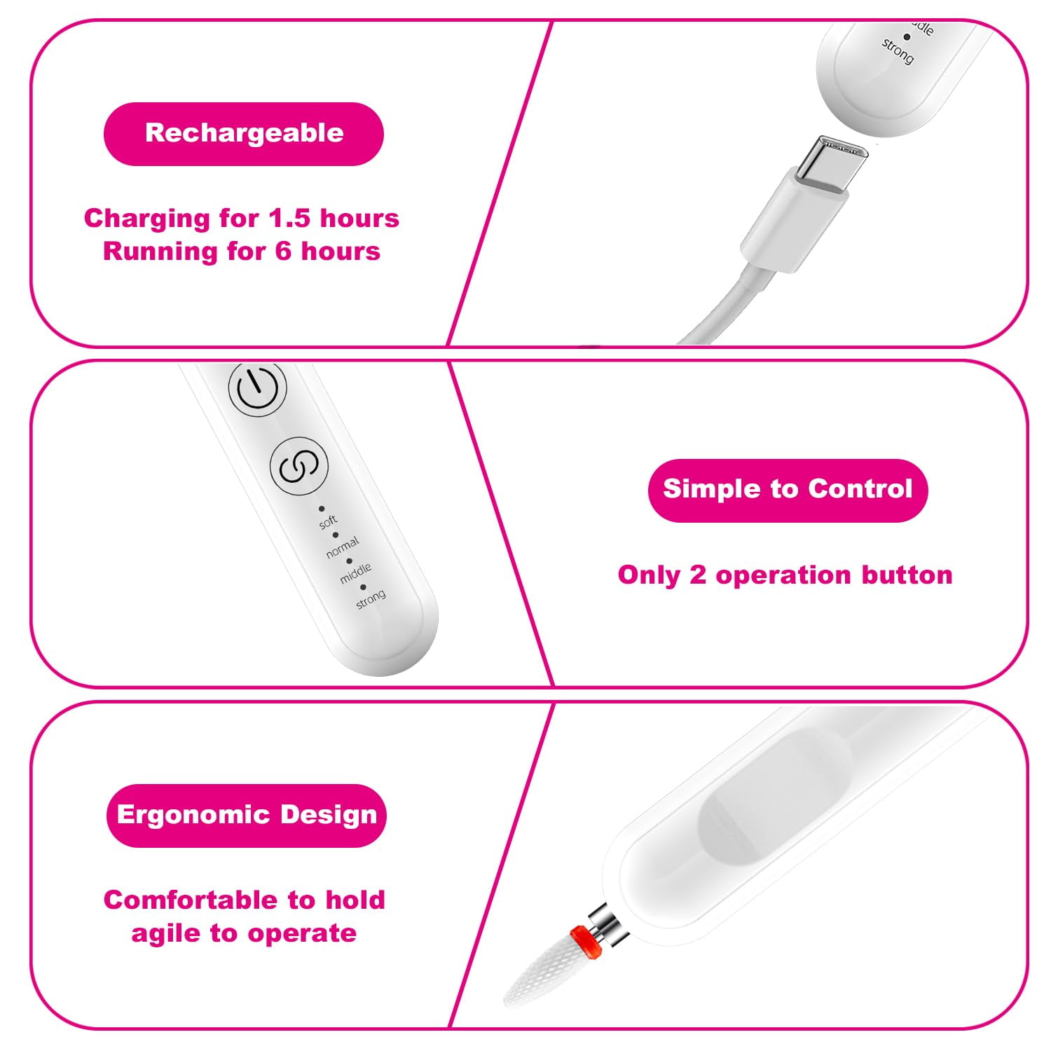 Portable Cordless Nail Drill Manicure Pedicure Drill Acrylic Gel Nail Shape Tools Nail Grinding Machine with Spotlight Black