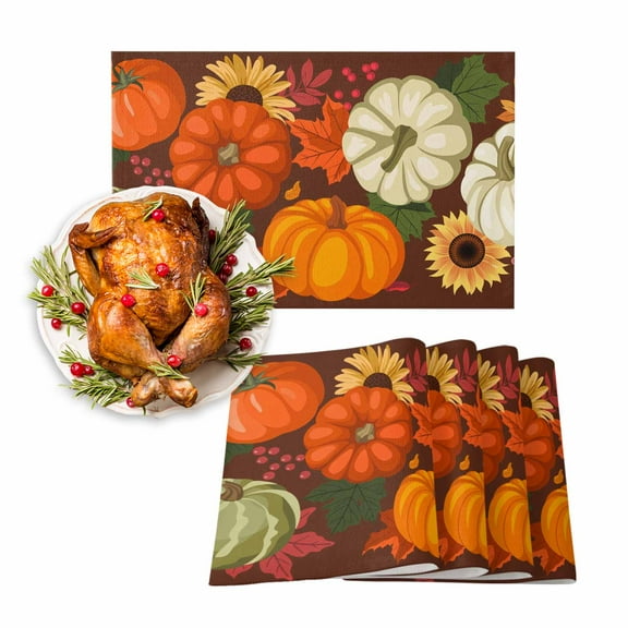 Fall Placemats Set of 6 Pumpkin Sunflower Place Mats Thanksgiving Placemat Red Orange Maple Leaf Berry Table Mats for Dining Kitchen Table Holiday Dinner Party Home Fall Decorations 13x19 Inch