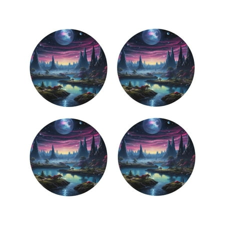 

Lukts Fantasy Landscape Starry Night Print Leather Drinks Coasters Set of 4 Suitable or Drinks Furniture Protection and Easy Clean up-Round Shape