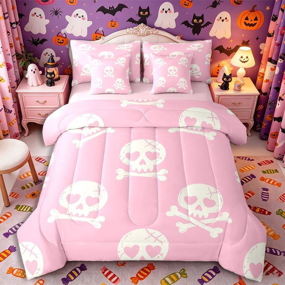 Manfei Gothic Skull 7-Piece Twin Bedding, Happy Halloween Bedding Comforter Set, Pink White Cream,Pink Reversible