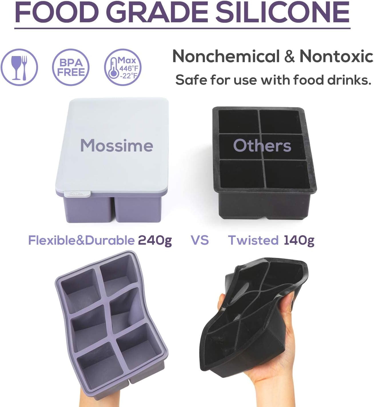 Large Square Ice Cube Tray with lid, Big Block 2 Inch, Giant Cocktail Silicone Ice Maker, Scotch Whiskey Easy Release Reusable Ice Cubes for Soup Freezer Wine Juice