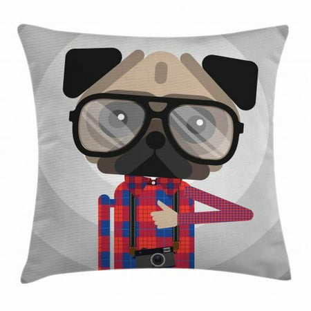 Design A Cushions Hipster Throw Pillow Cushion Cover, Graphic Design of a Photographer Pug Dog in a Shirt with Glasses and Old Camera, Decorative Square Accent Pillow Case, 18 X 18 Inches, Multicolor, by Ambesonne ()