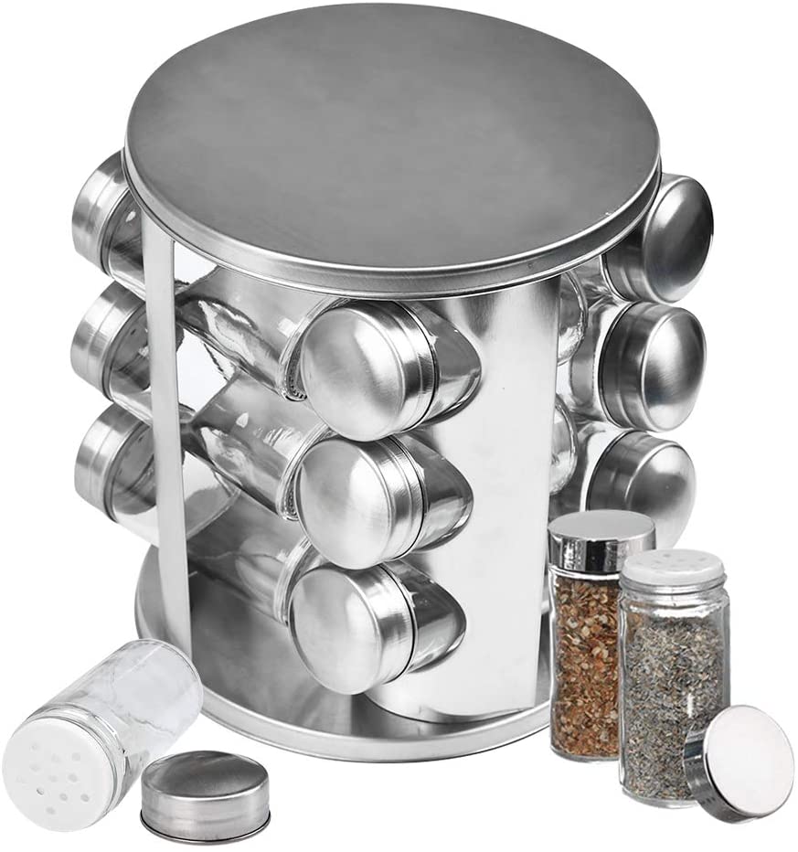 Stainless Steel Spice Rack Rotating Shelves with 12 Glass Jars