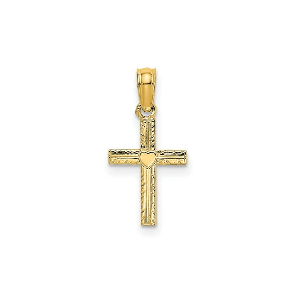 10k Yellow Gold Cross Pendant Necklace for Men and Women with Heart Accent Carved Texture Polished Finish Mini Religious Faith Jewelry Spiritual Gold Charm