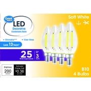 Great Value LED Light Bulb, 3W (25W Equivalent) B10 Deco Lamp E12 Candelabra Base, Dimmable, Soft White, 4-Pack
