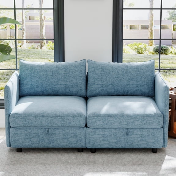 Mid-Century Modern Blue Chenille Fabric Loveseat Sofa, 2-Seater Deep Couch Antique Blue
