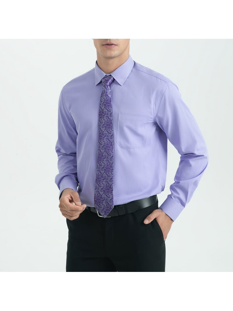 Hisdern Lavender Shirt Set - Moisture-Wicking Dress Shirt & Floral Tie 2XL