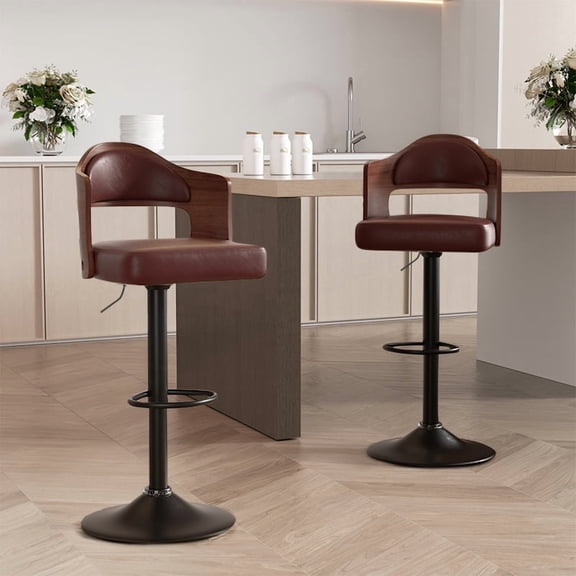 Bar Stools Set of 2, Brown Faux Leather with Solid Wood Backrest, 360 Degree Swivel Adjustable Height for Kitchen Island