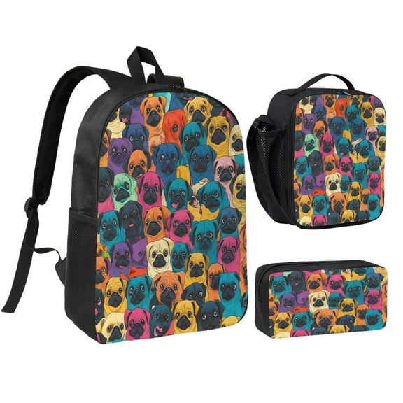 Cute Pug Dog Printed Backpack 17 Inch Set with Lunch Bag and CaseDurableTravel Bag Combo for Work Commuting Daily Use
