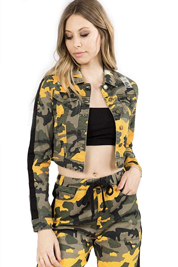 Love Moda Women’s Destroyed Camouflage Crop Denim Jacket (Yellow, 1X # ...