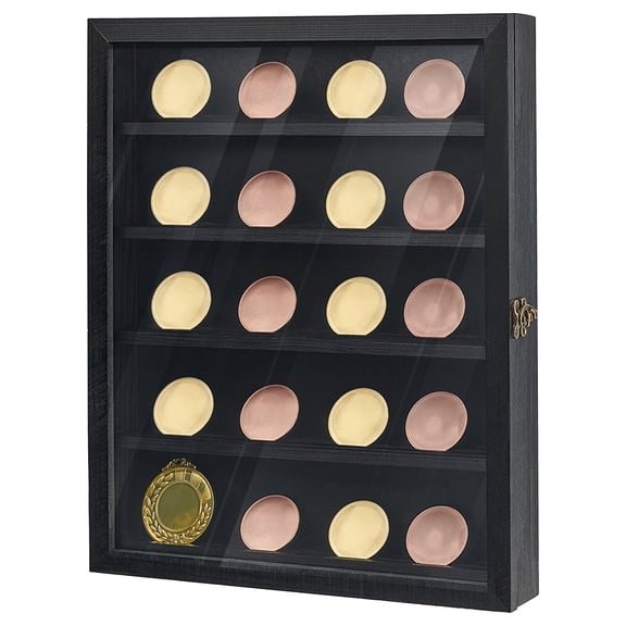 Medals Display Case 11.3x13.8x2inch 5-Row Rectangle Medal Display Box with Clear Windows Military Challenge Coin Shadow Box Black Wooden