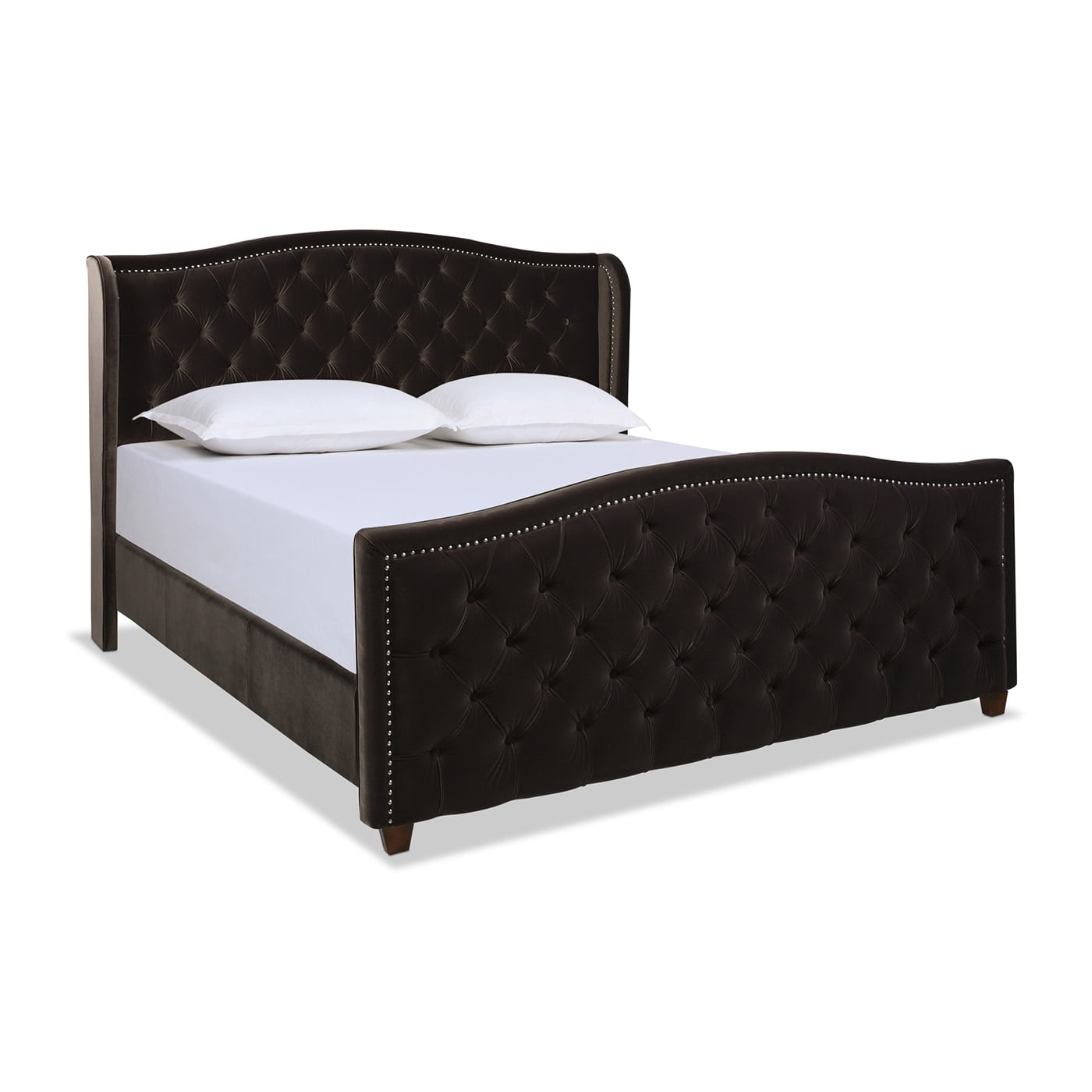 Jennifer Taylor Home Marcella Upholstered Shelter Headboard Panel Bed Set Deep Brown Performance Velvet Upholstered King Transitional, Mid-Century