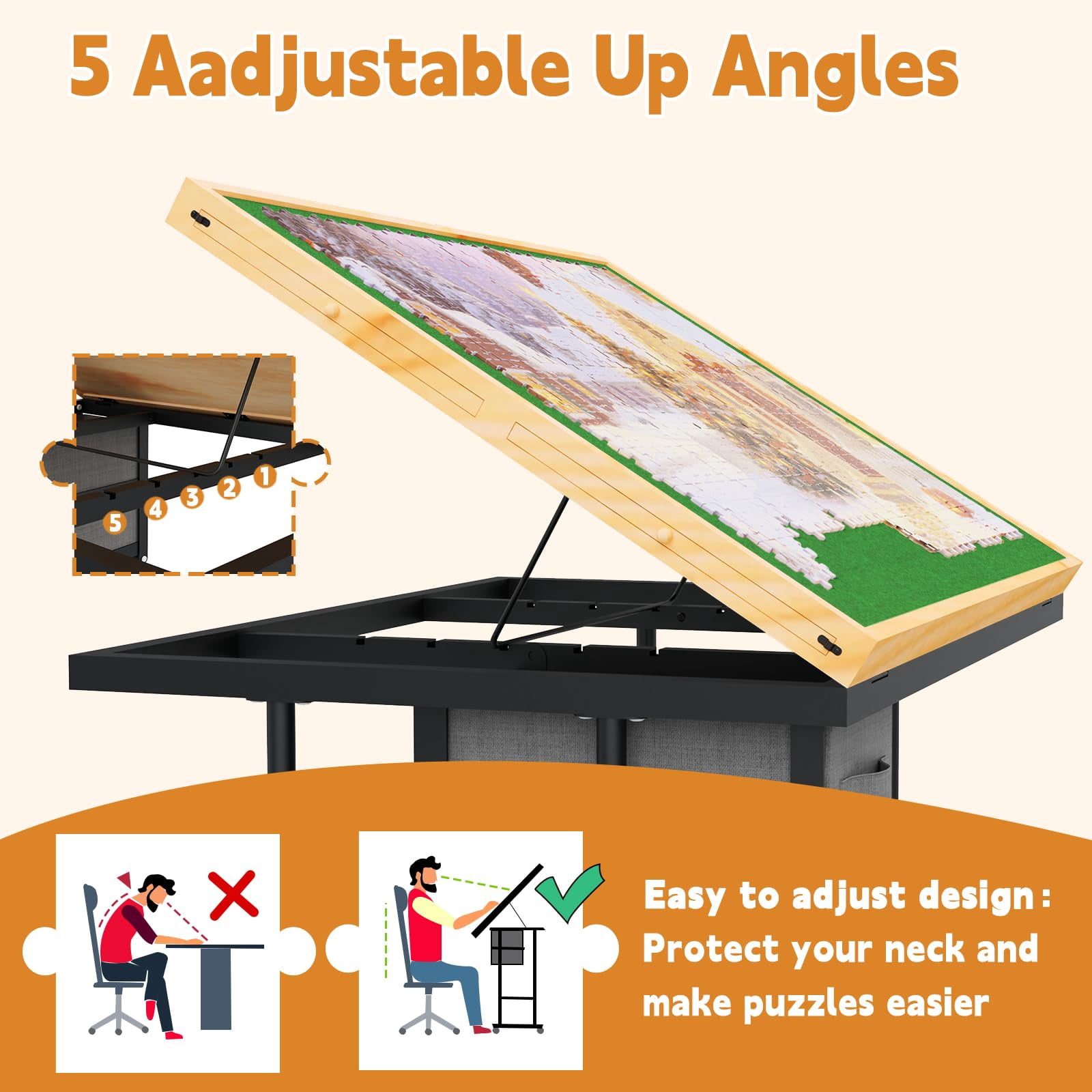 Jigsaw Puzzle Table for Adults with 6 Drawer and Legs, 1500 Pieces Puzzle Table with Protective Cover&Wheels, Adjustable Height and Five up Angles, Natural&Green