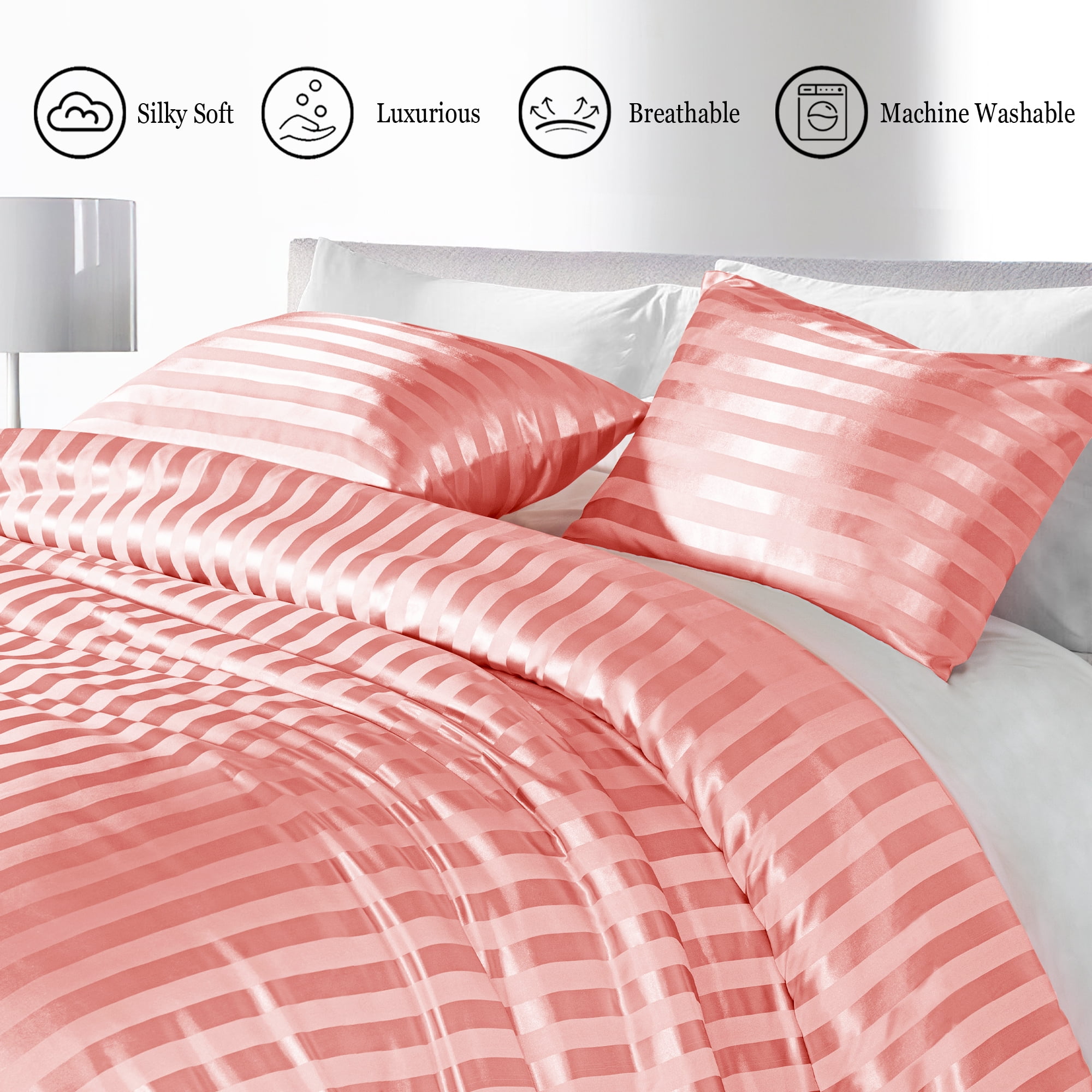 Whale Flotilla 3-Piece Luxury Stripe Satin Queen Size Comforter Set, Reversible Silky Soft Bedding Set with 2 Pillowcases, Lightweight All-Season Comforter, Pink